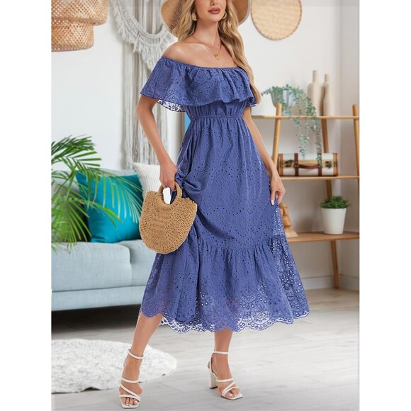 Women's Cotton Midi Dress Off-Shoulder Ruffle High Waist A-Line Casual - Picture 2 of 6
